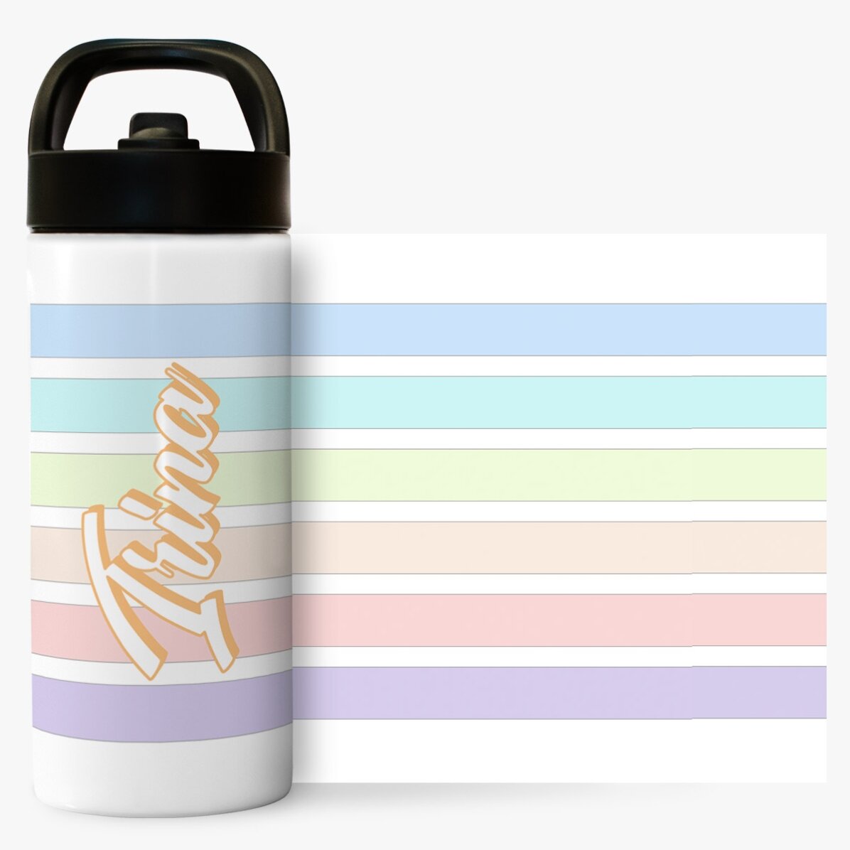 Termos cu mâner și pai personalizat cu nume - Dungi colorate