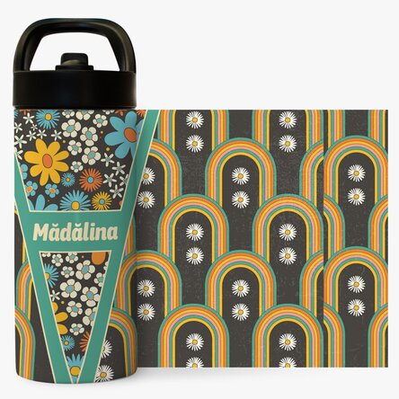 Termos cu mâner și pai personalizat cu nume - Flori și curcubeu