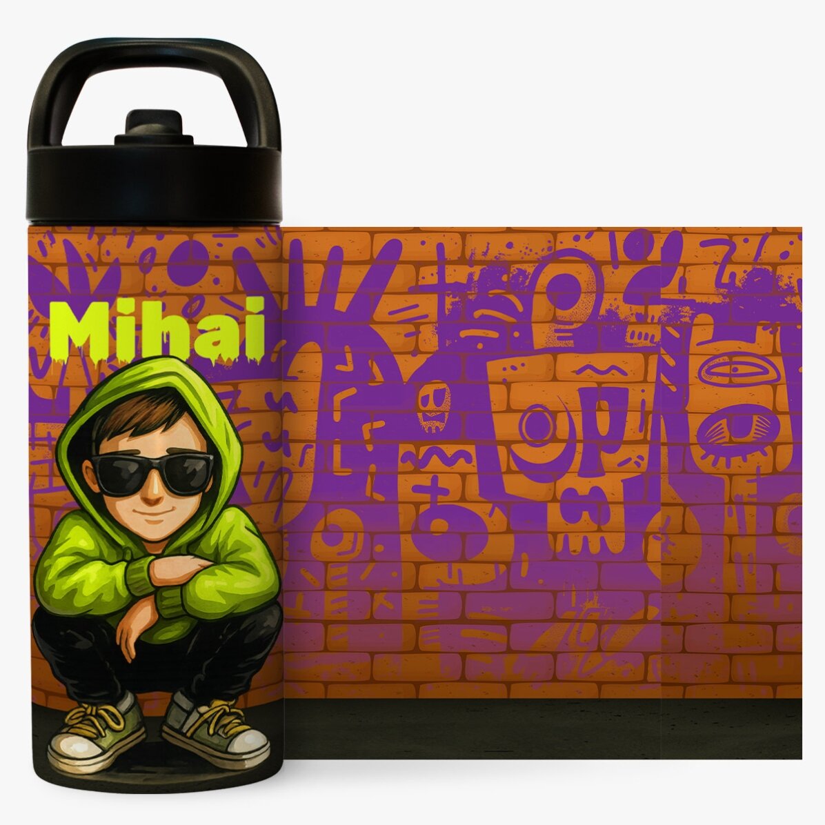 Termos cu mâner și pai personalizat cu nume - Graffiti