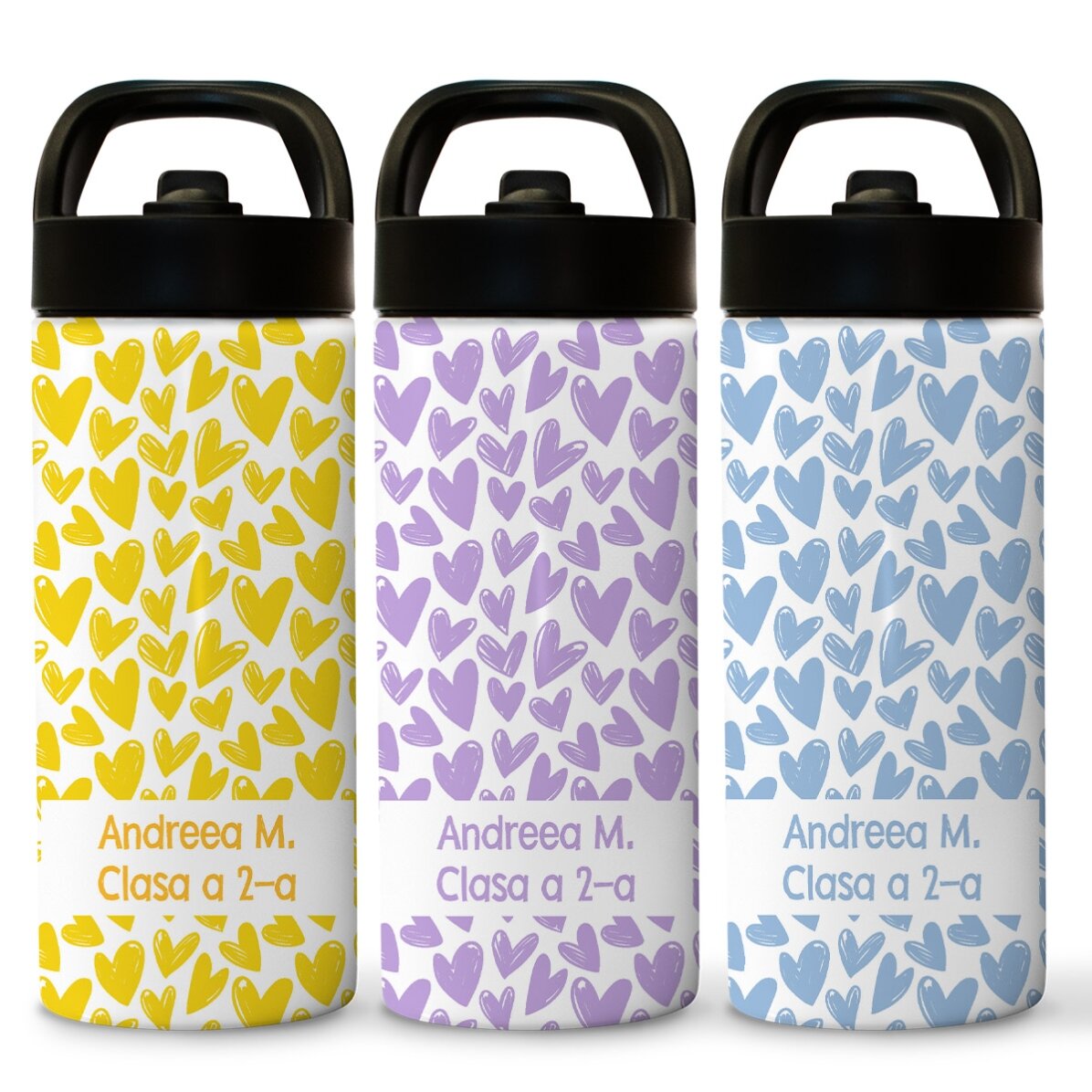 Termos cu mâner și pai personalizat cu nume - Inimioare