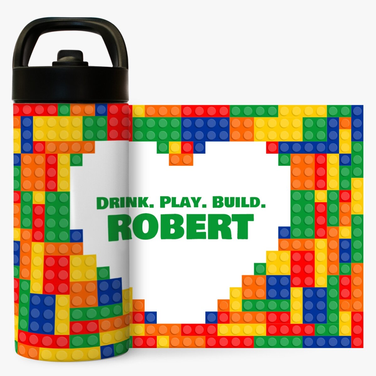 Termos cu mâner și pai personalizat cu nume  - Lego