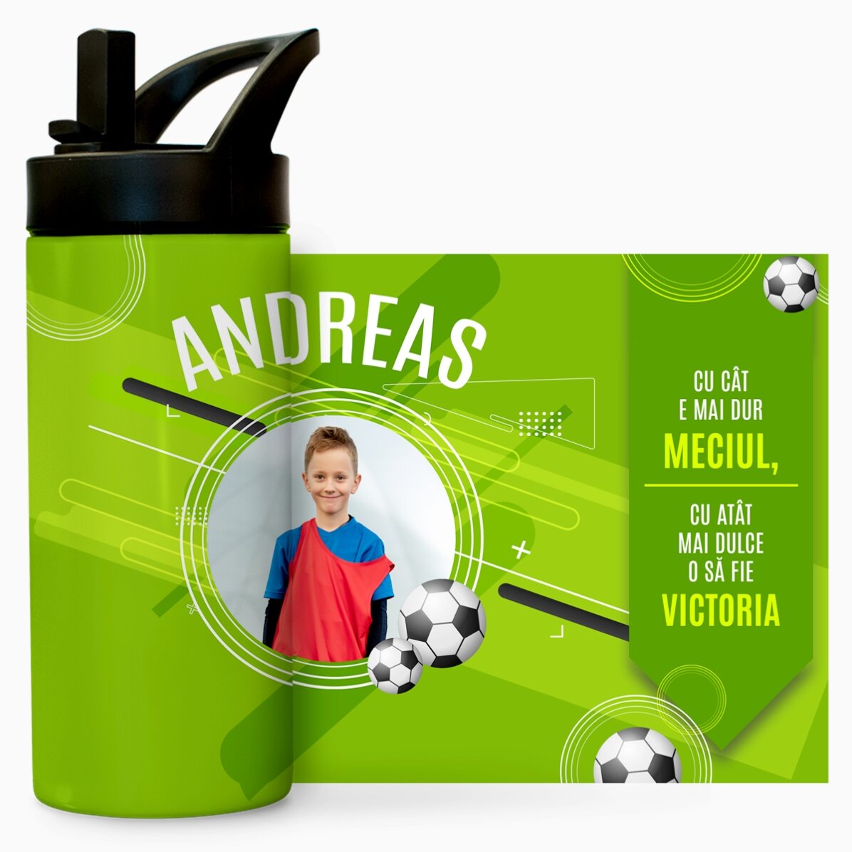 Termos cu mâner și pai personalizat cu text și poză - Micul Fotbalist
