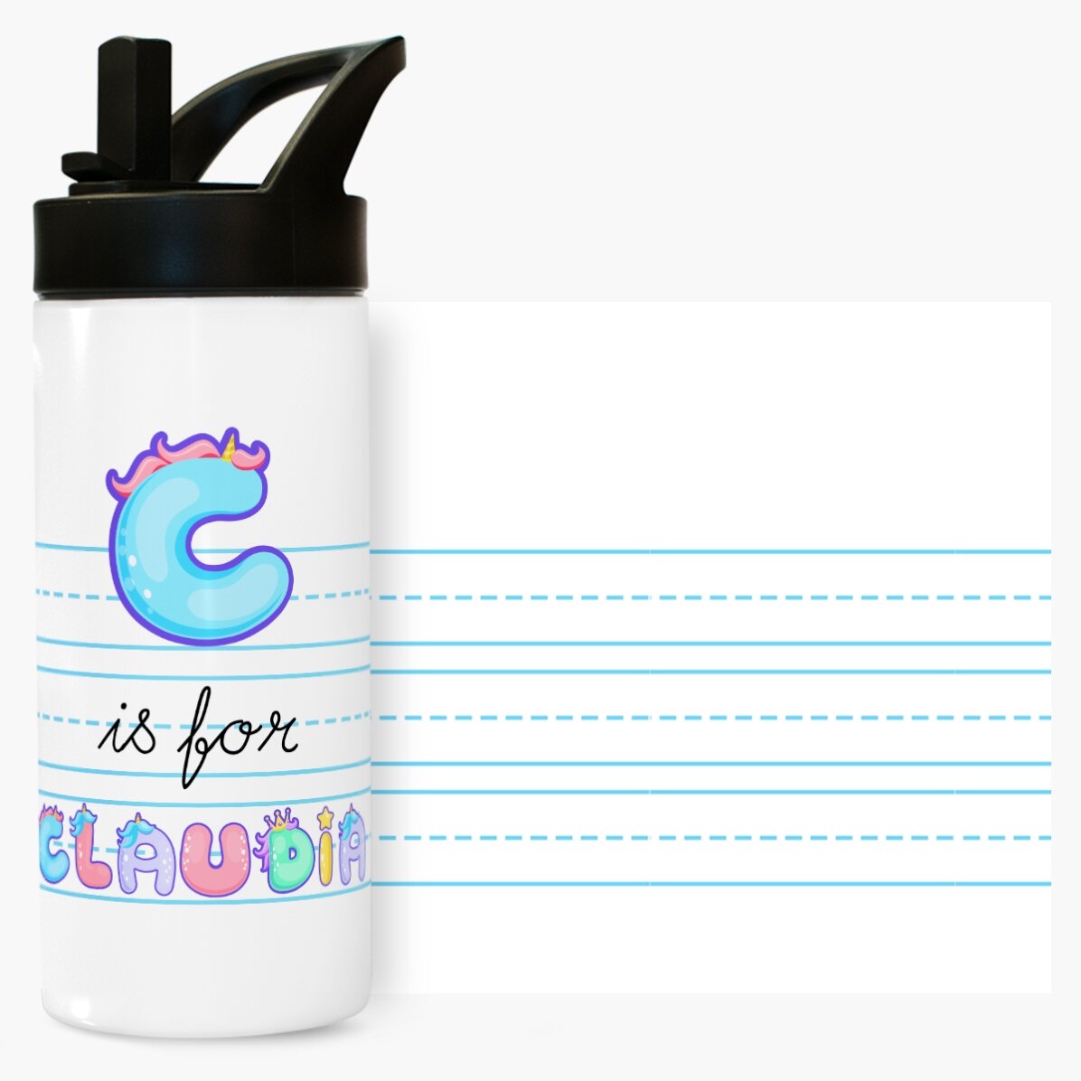 Termos cu mâner și pai personalizat cu nume - model unicorn