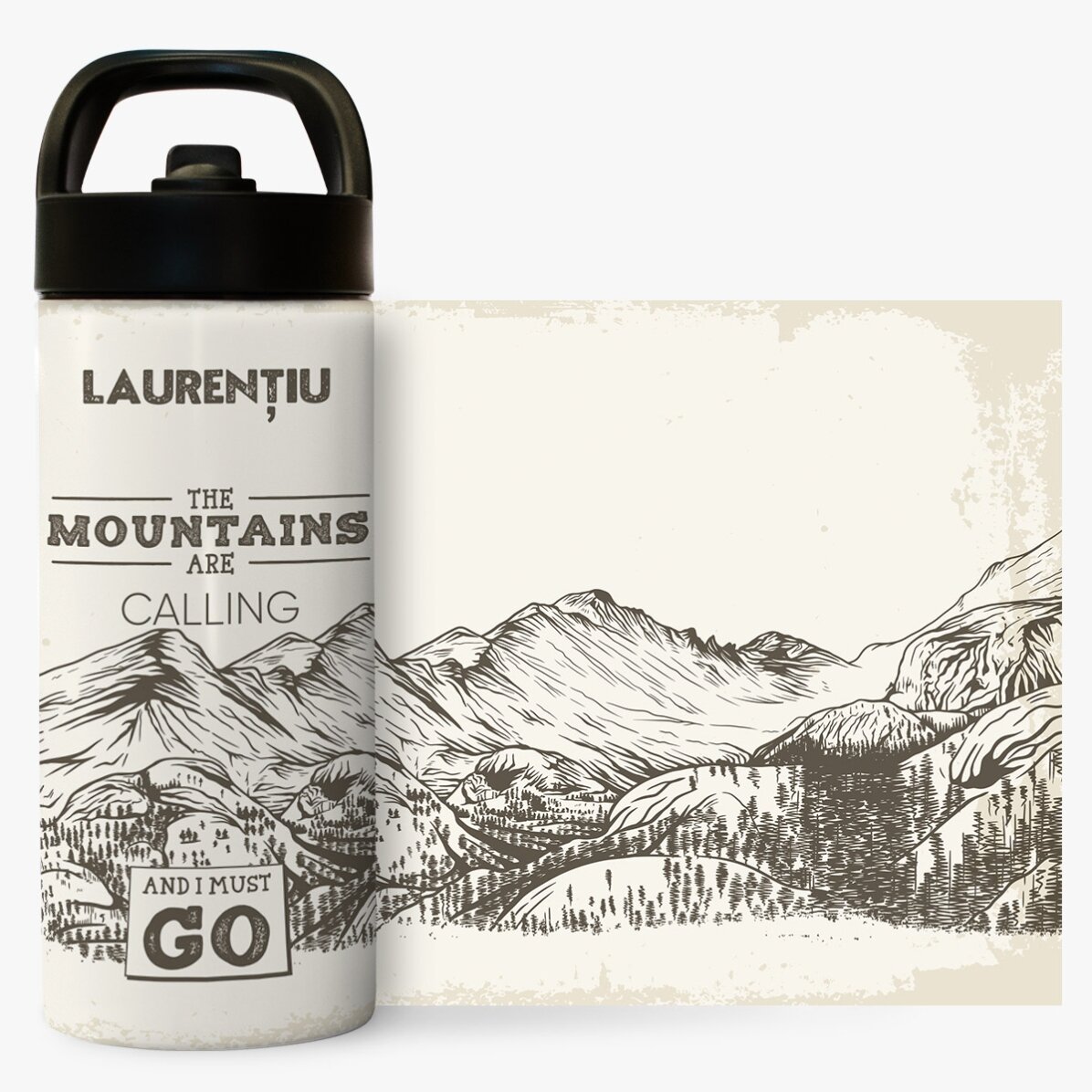 Termos cu mâner și pai personalizat cu nume - Mountains are calling