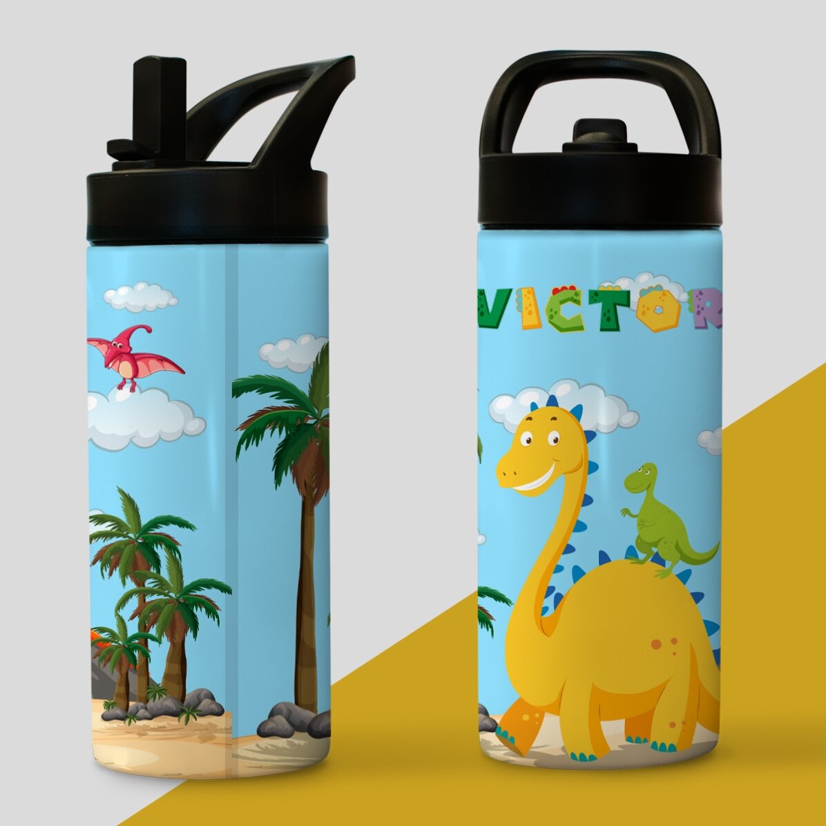 Termos cu mâner și pai personalizat cu nume pentru copii - Dino