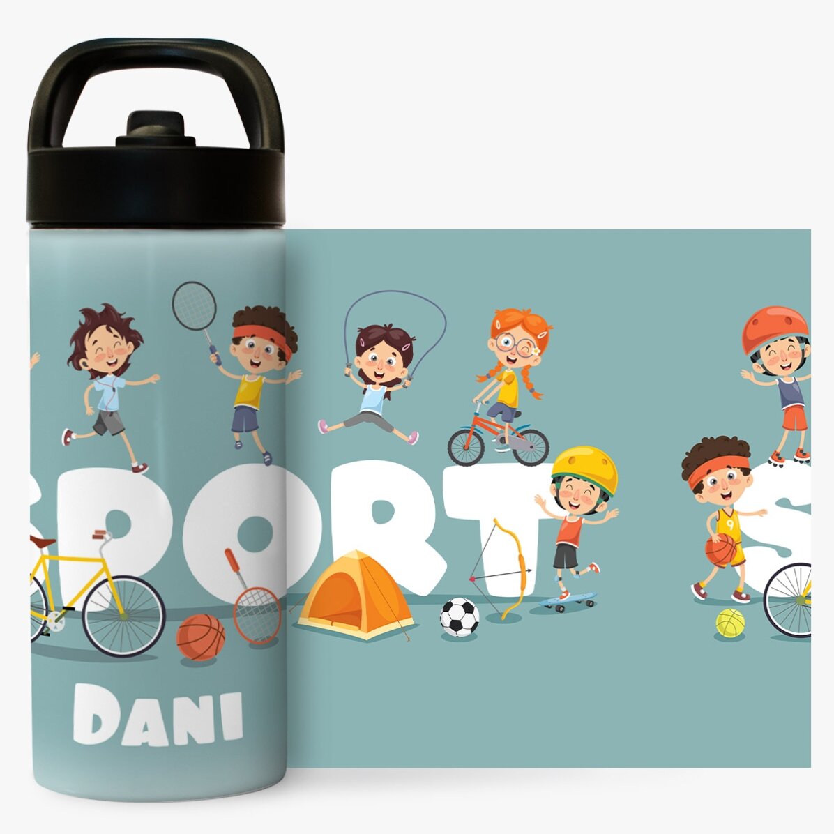 Termos cu mâner și pai personalizat cu nume pentru copii - Sport