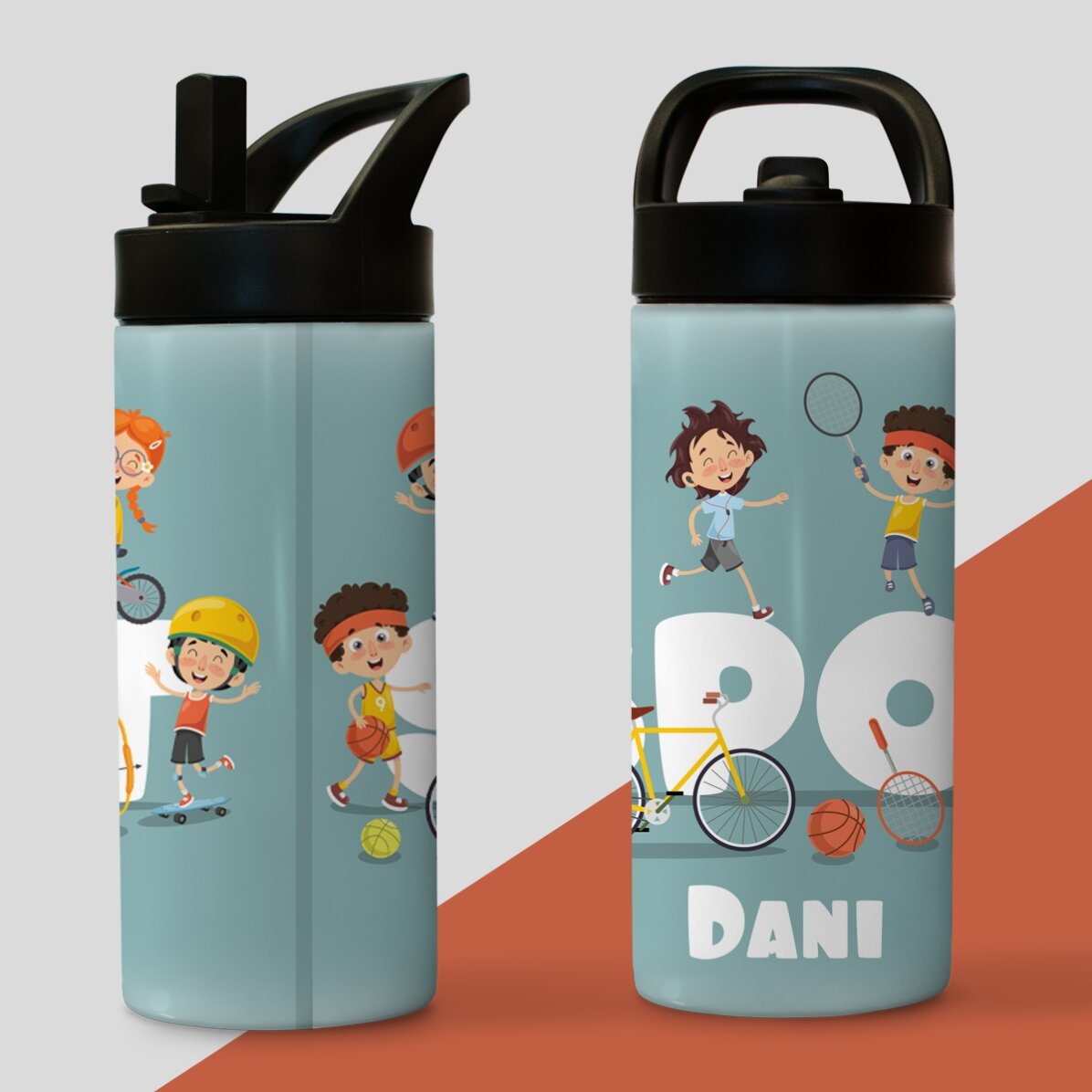 Termos cu mâner și pai personalizat cu nume pentru copii - Sport