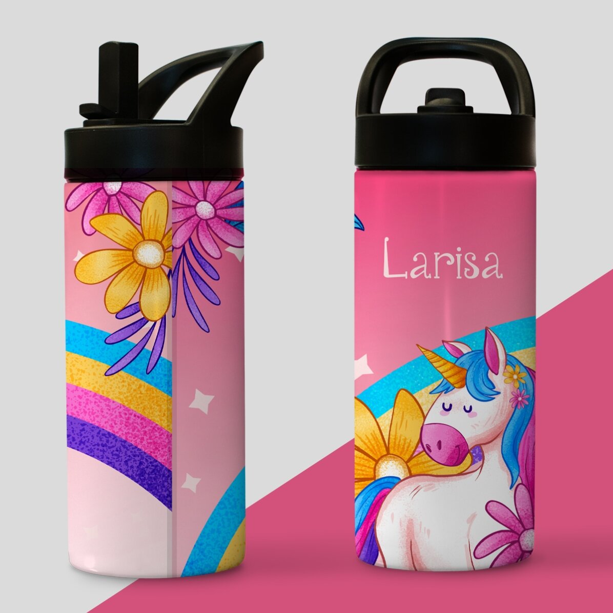 Termos cu mâner și pai personalizat cu nume pentru copii - Unicorn