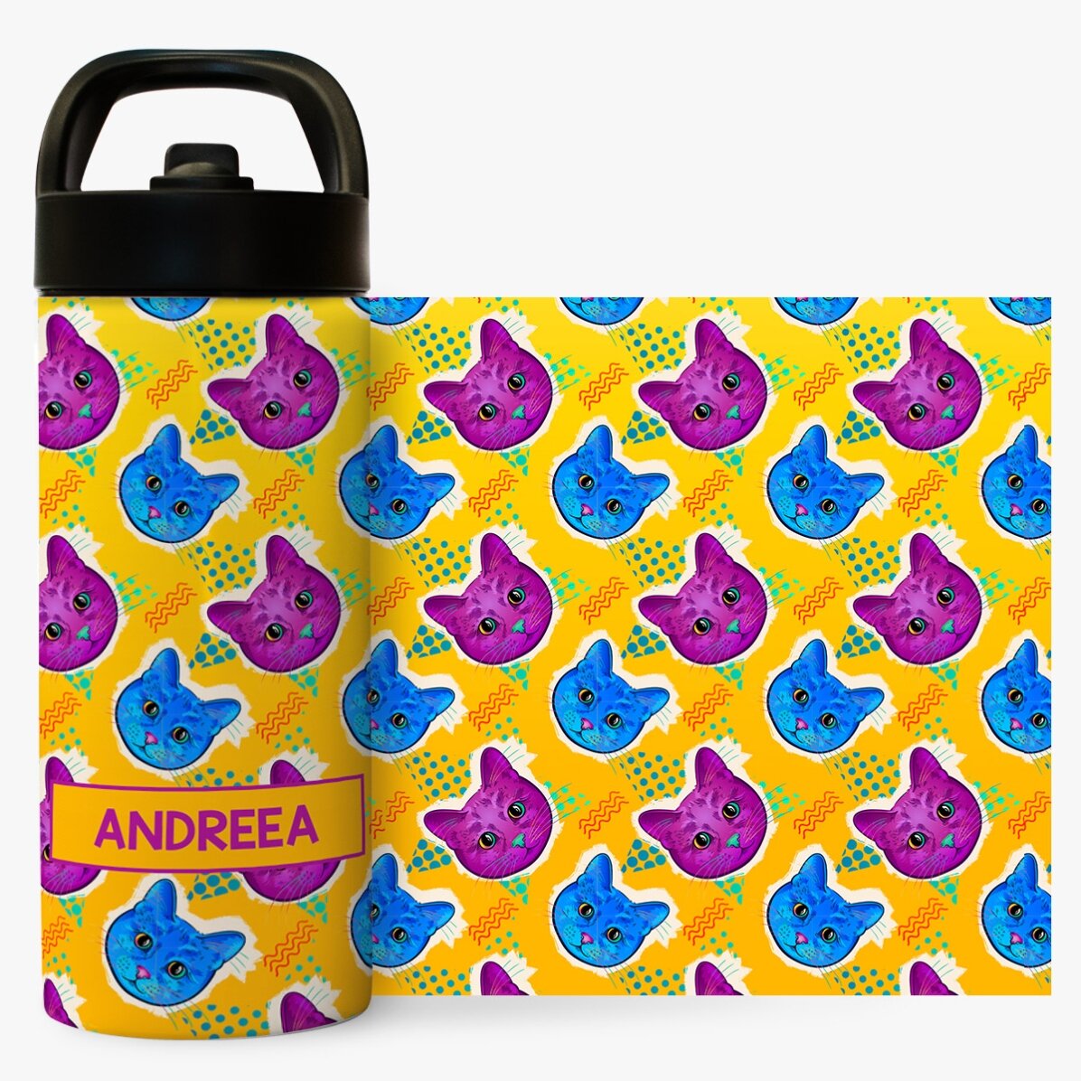 Termos cu mâner și pai personalizat cu nume - Pisicuțe colorate