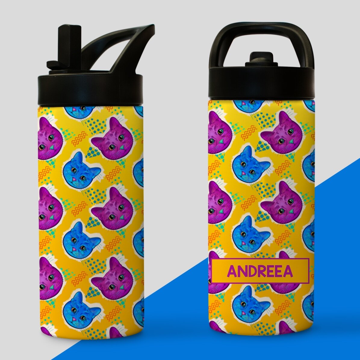 Termos cu mâner și pai personalizat cu nume - Pisicuțe colorate