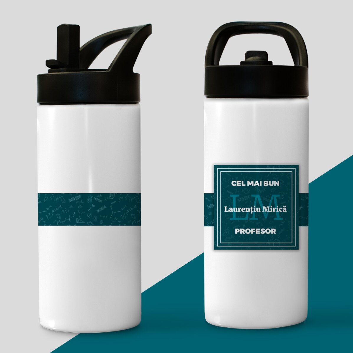 Termos cu mâner și pai personalizat cu nume și inițiale - Cel mai bun profesor