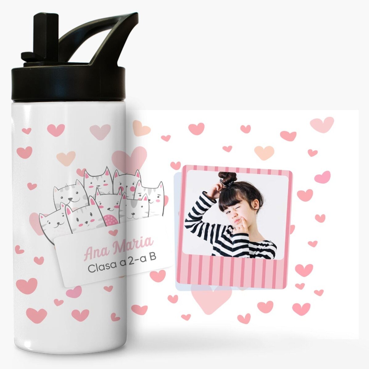 Termos cu mâner și pai personalizat cu nume și poză - Kitty