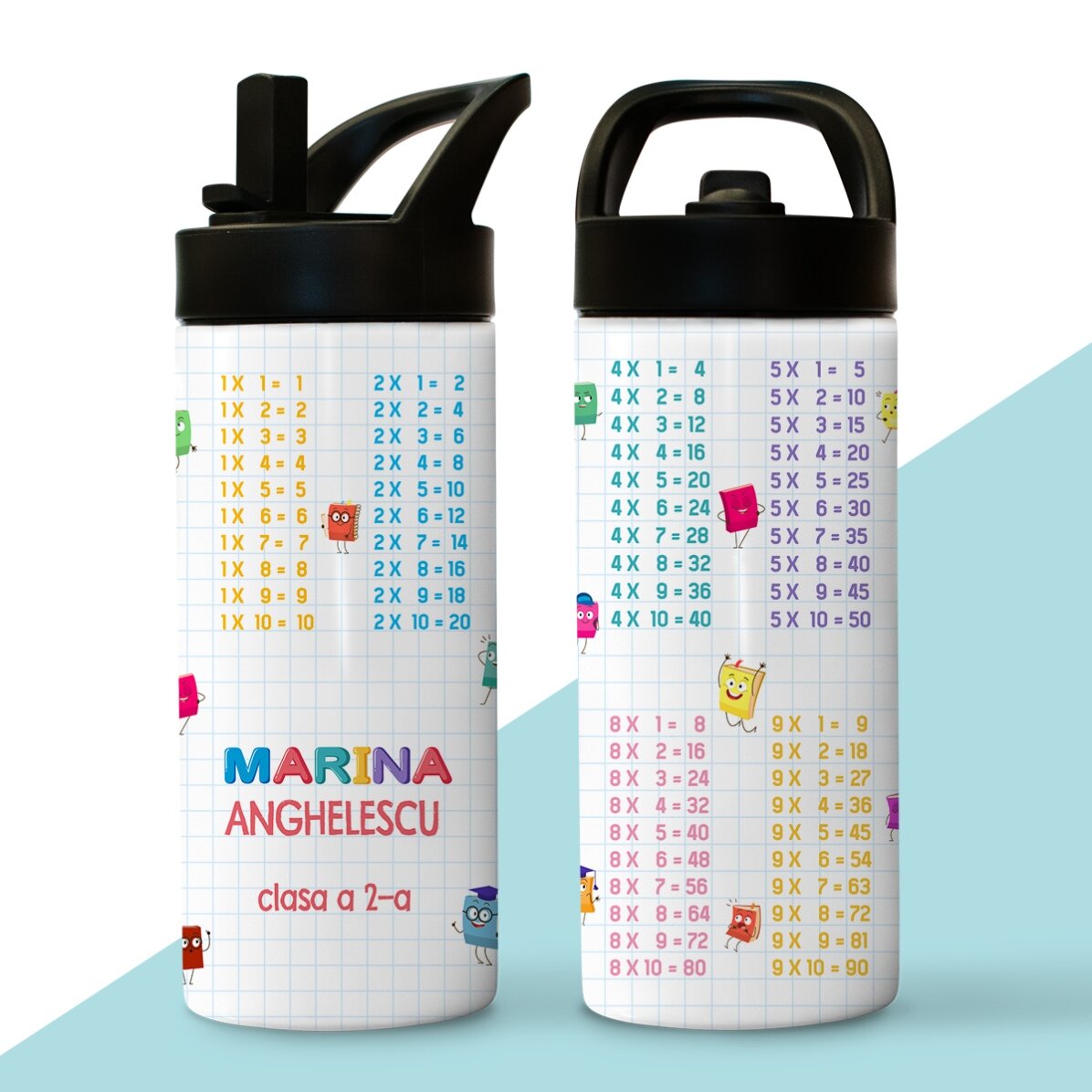 Termos cu mâner și pai personalizat cu nume - Tabla înmulțirii