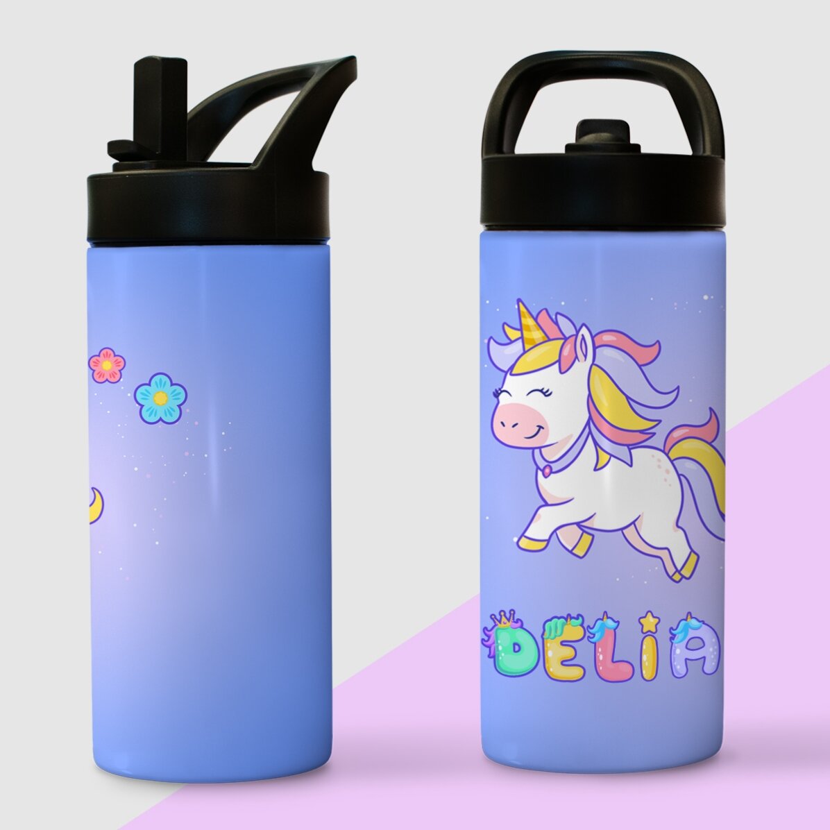 Termos cu mâner și pai personalizat cu nume - Unicorn