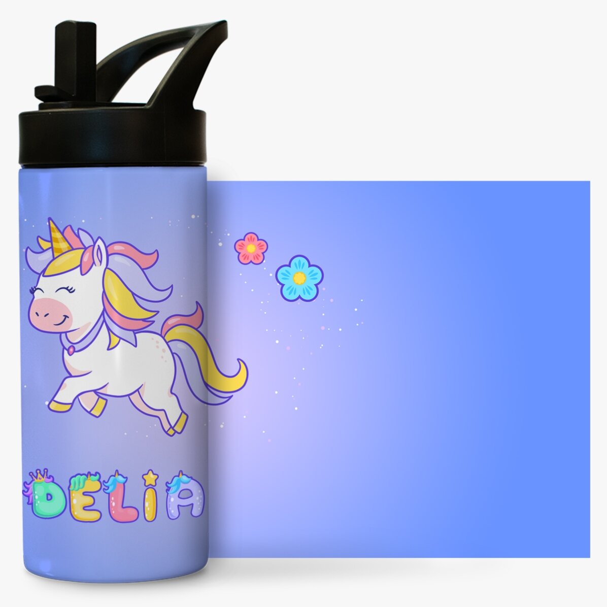 Termos cu mâner și pai personalizat cu nume - Unicorn