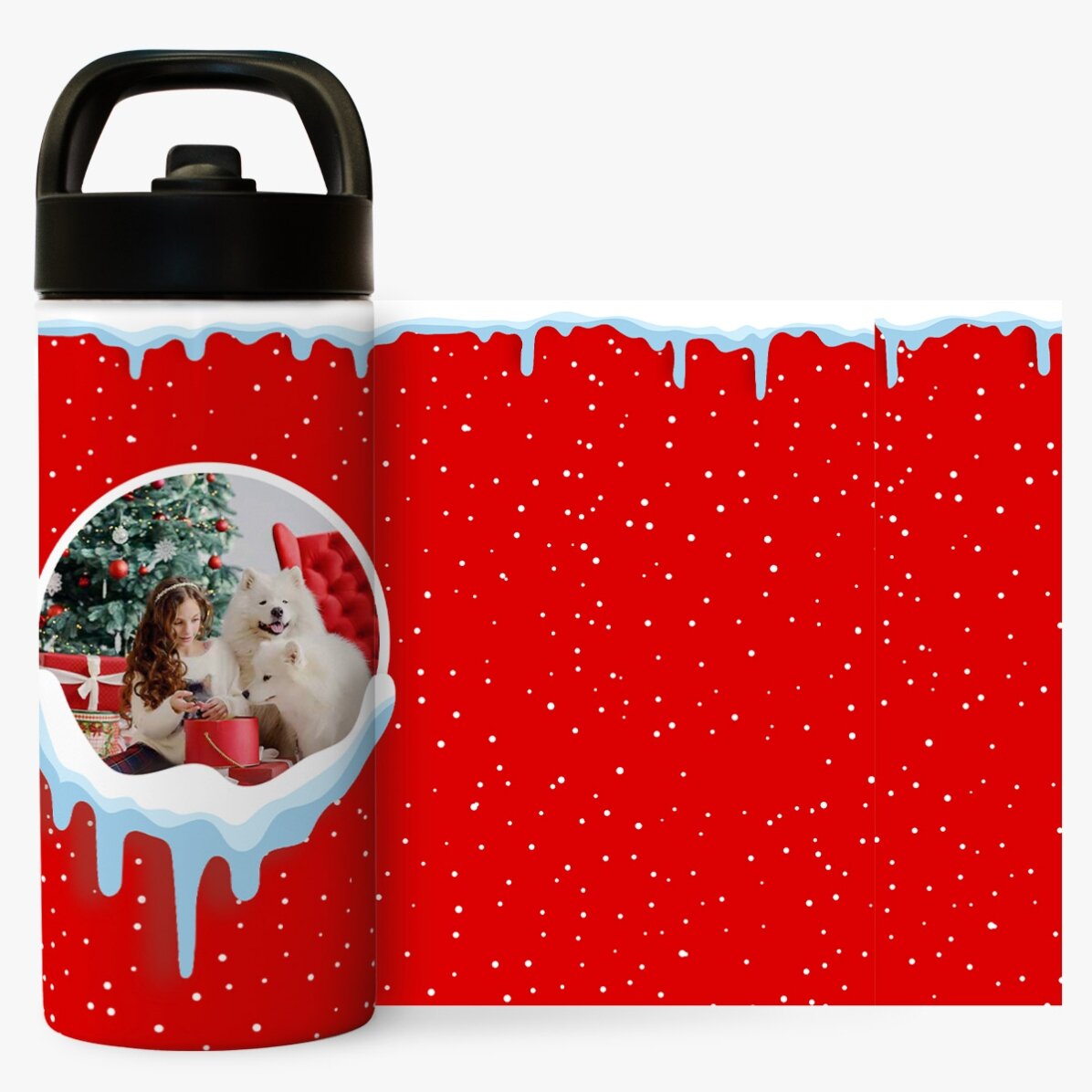 Termos cu mâner și pai personalizat cu poză - Zăpadă