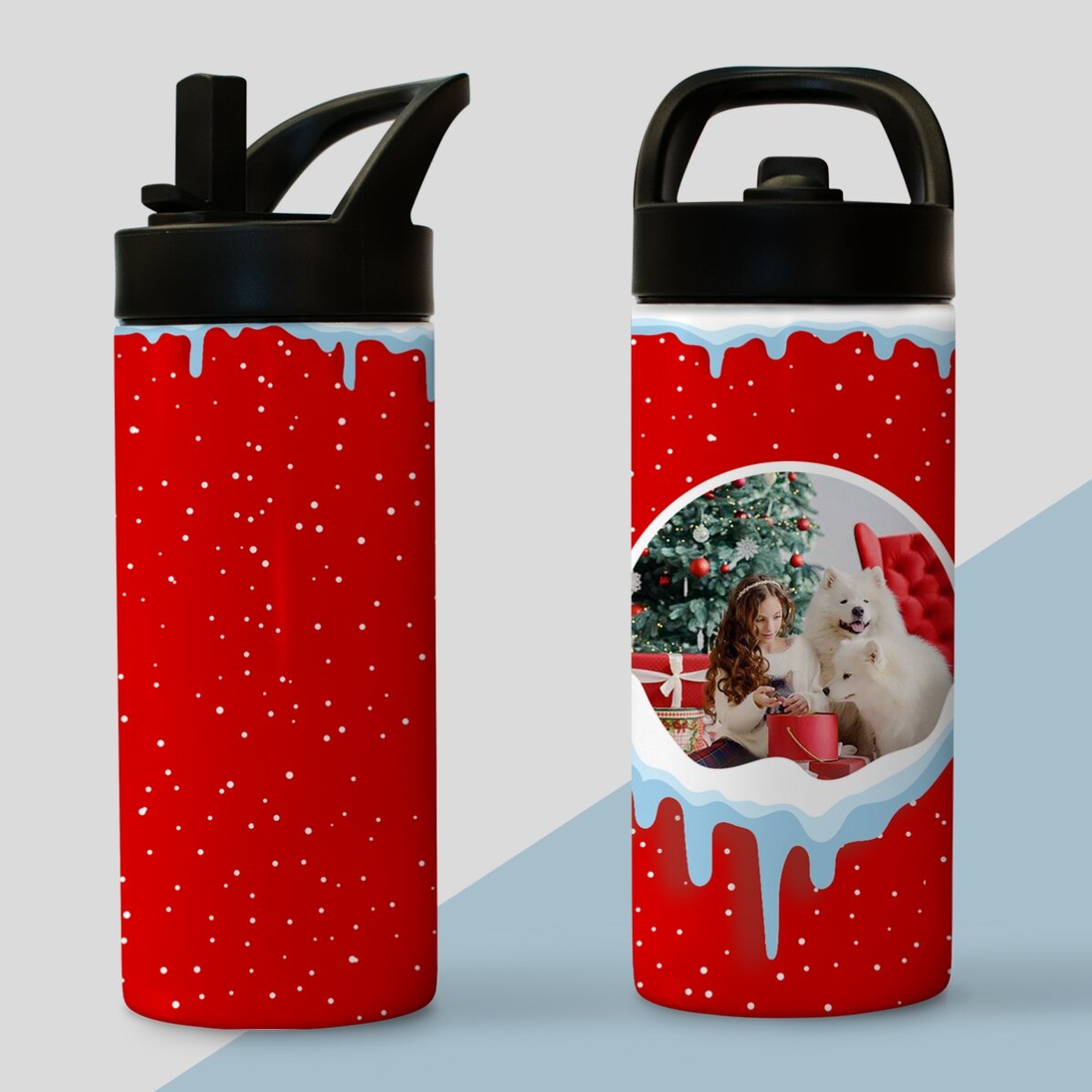 Termos cu mâner și pai personalizat cu poză - Zăpadă