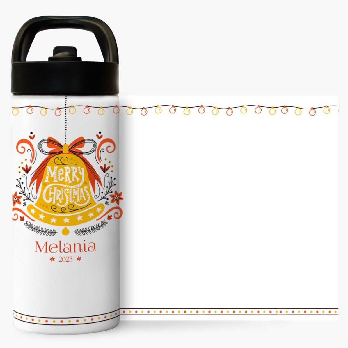 Termos cu mâner și pai personalizat cu text - Clopot Merry Christmas