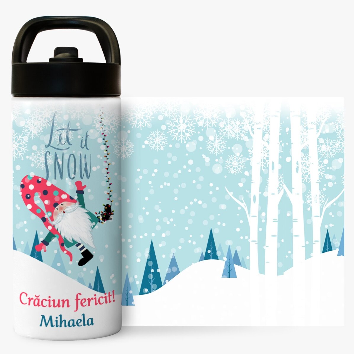 Termos cu mâner și pai personalizat cu text - Let it snow