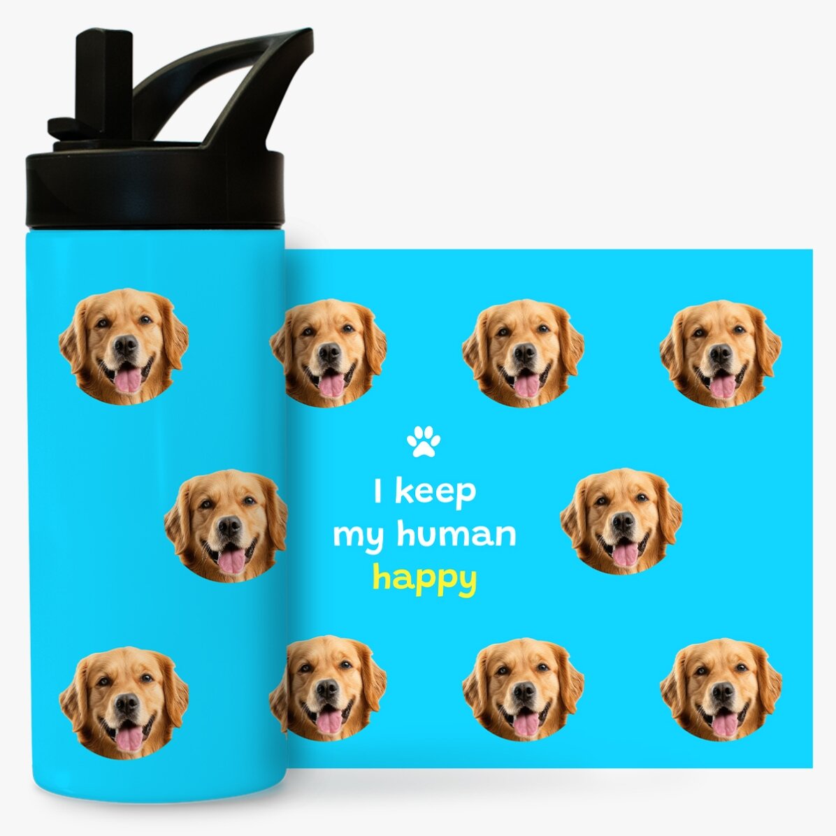 Termos cu mâner și pai personalizat cu text și poză - Happy