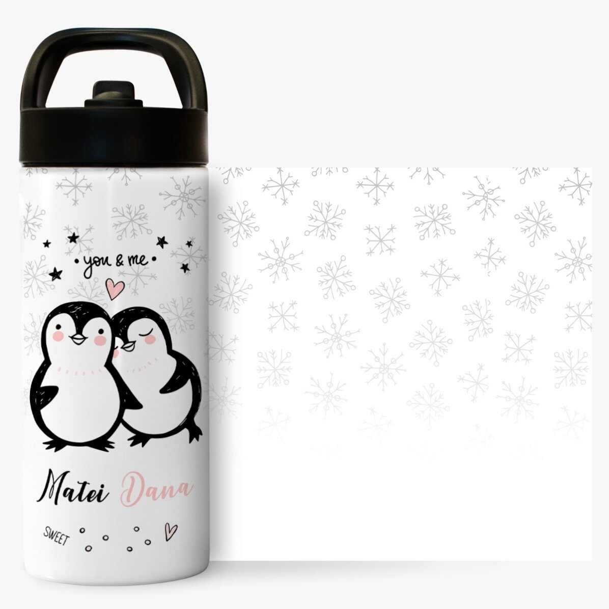 Termos cu mâner și pai personalizat cu text - You & Me