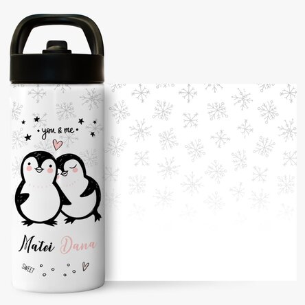 Termos cu mâner și pai personalizat cu text - You & Me