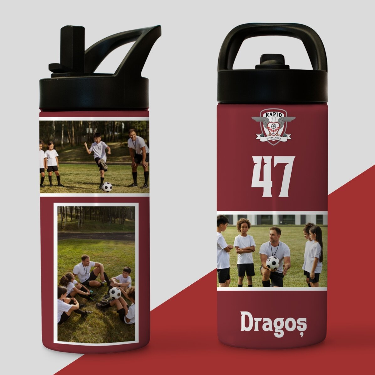 Termos FC Rapid cu mâner și pai personalizat cu 3 poze și text