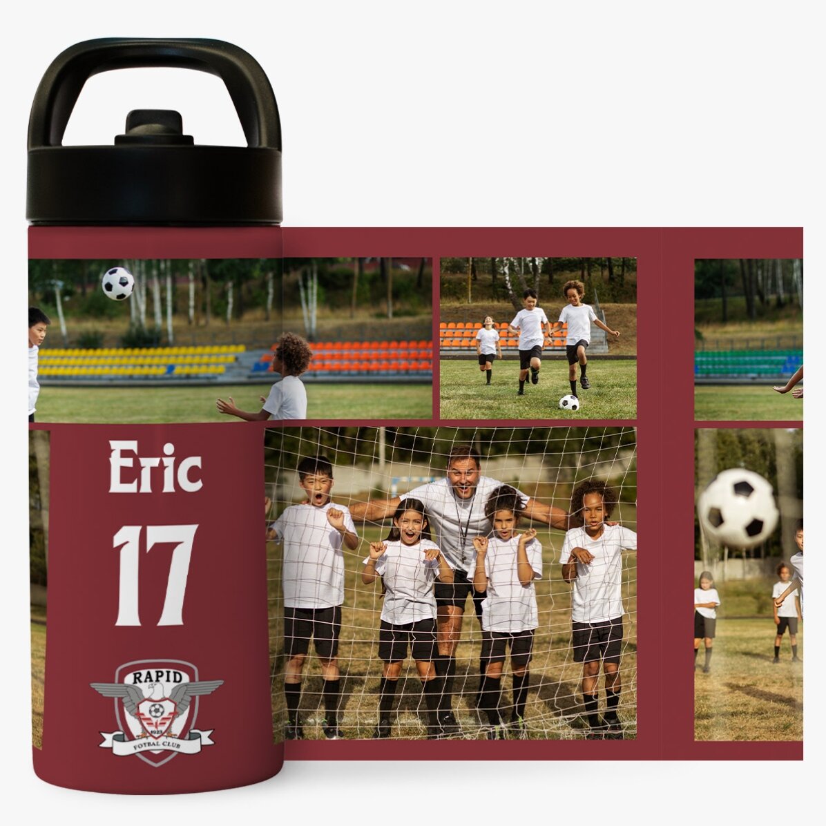 Termos FC Rapid cu mâner și pai personalizat cu 4 poze și text 