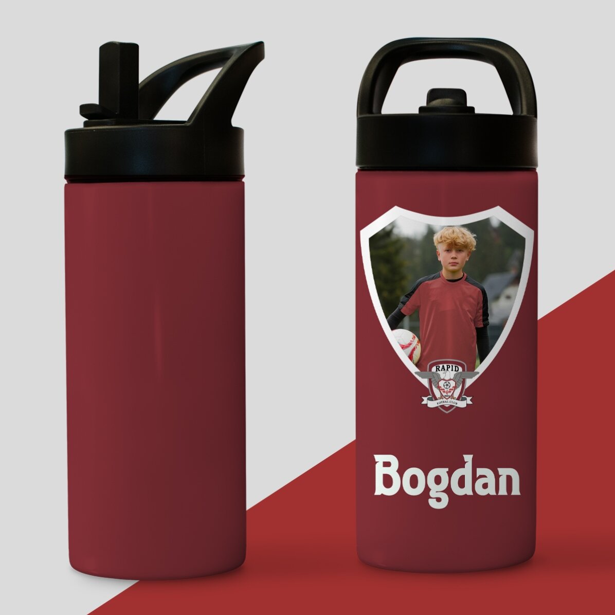 Termos FC Rapid cu mâner și pai personalizat cu nume și poză