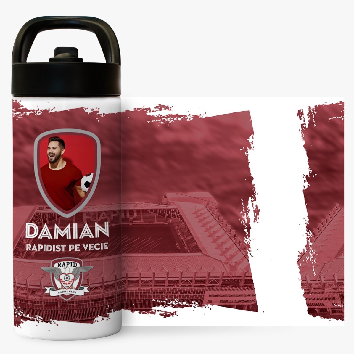 Termos FC Rapid cu mâner și pai personalizat cu poză și text - Rapidist pe vecie