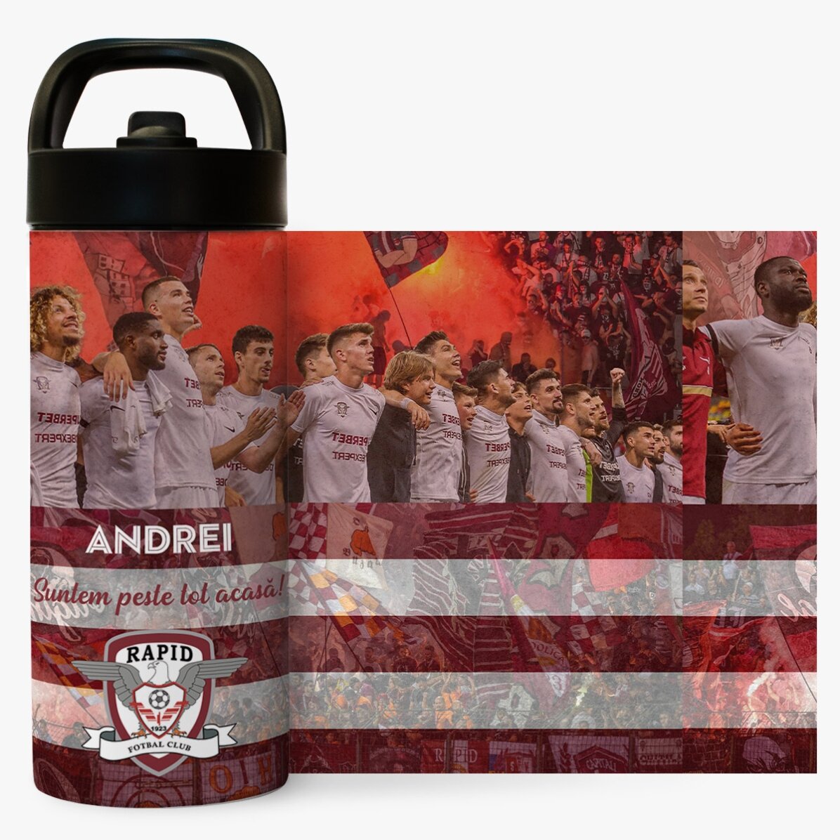 Termos FC Rapid cu mâner și pai personalizat cu text - Iubire Rapidistă 