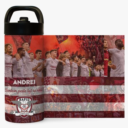 Termos FC Rapid cu mâner și pai personalizat cu text - Iubire Rapidistă 