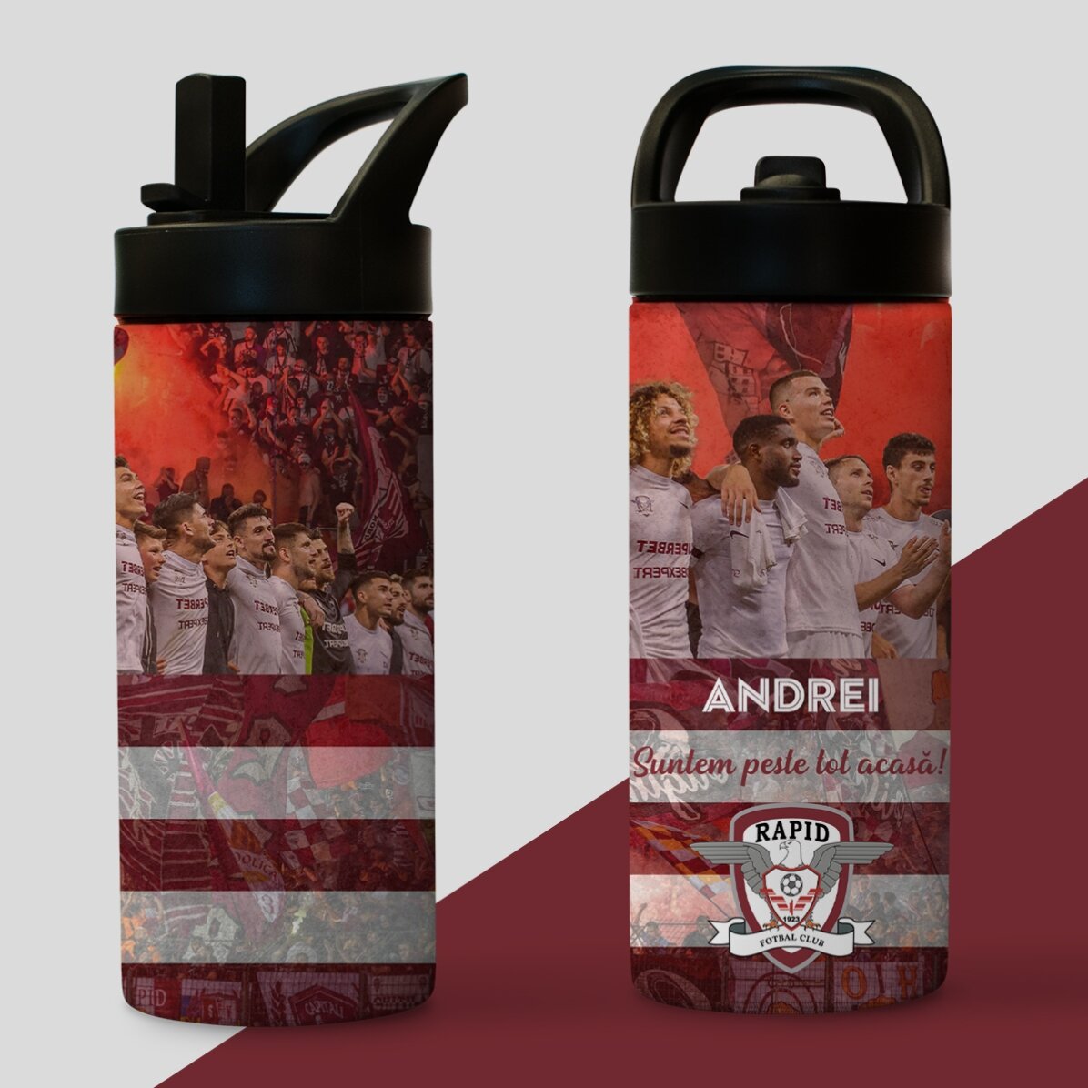 Termos FC Rapid cu mâner și pai personalizat cu text - Iubire Rapidistă 