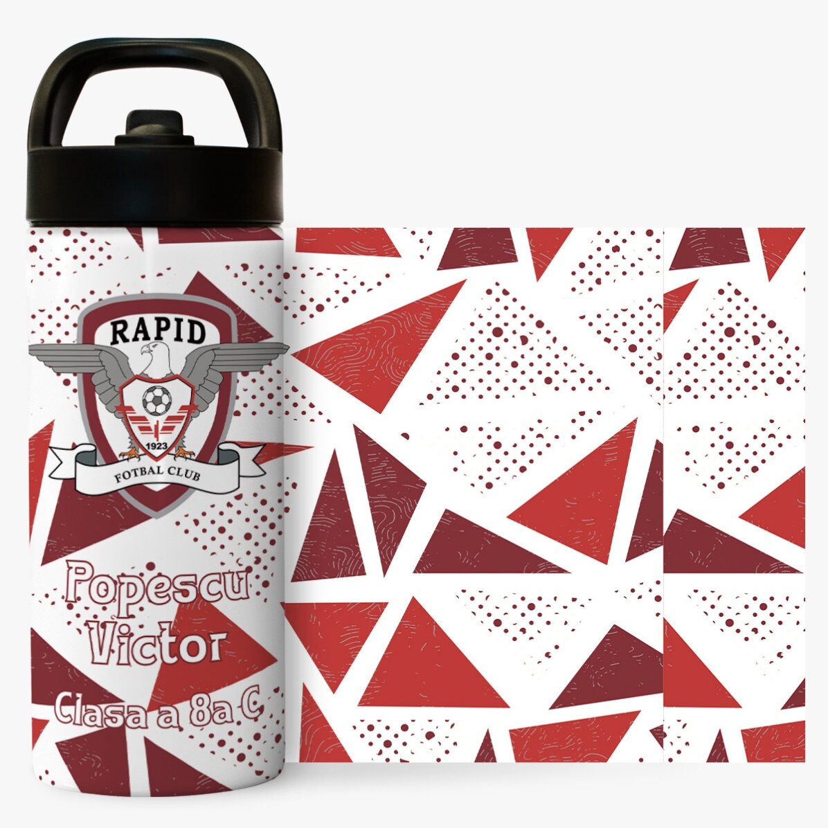 Termos FC Rapid cu mâner și pai personalizat cu text - Pattern Triunghiuri