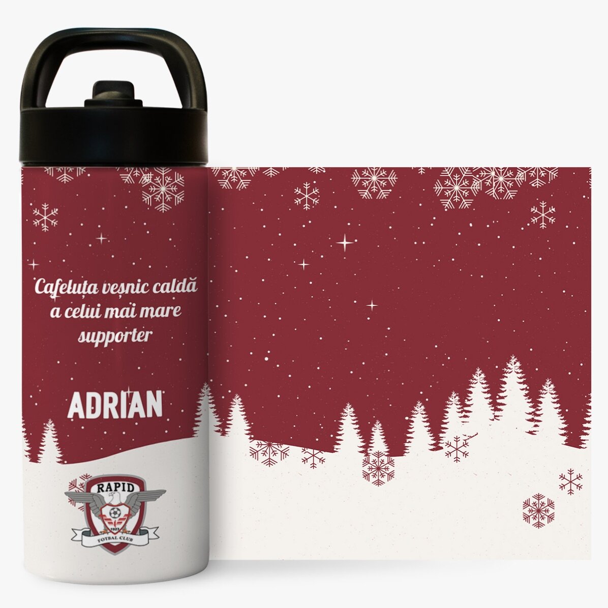 Termos FC Rapid cu mâner și pai personalizat cu text - Peisaj de iarnă