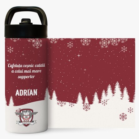 Termos FC Rapid cu mâner și pai personalizat cu text - Peisaj de iarnă