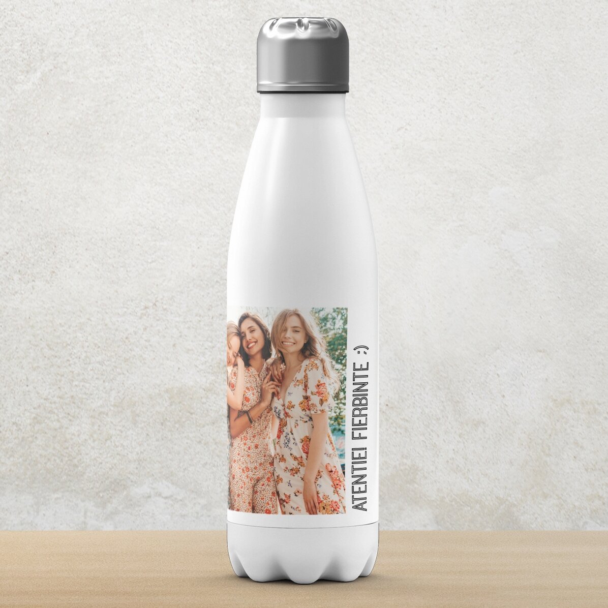 Termos cu bază albă personalizat cu 5 poze și text 