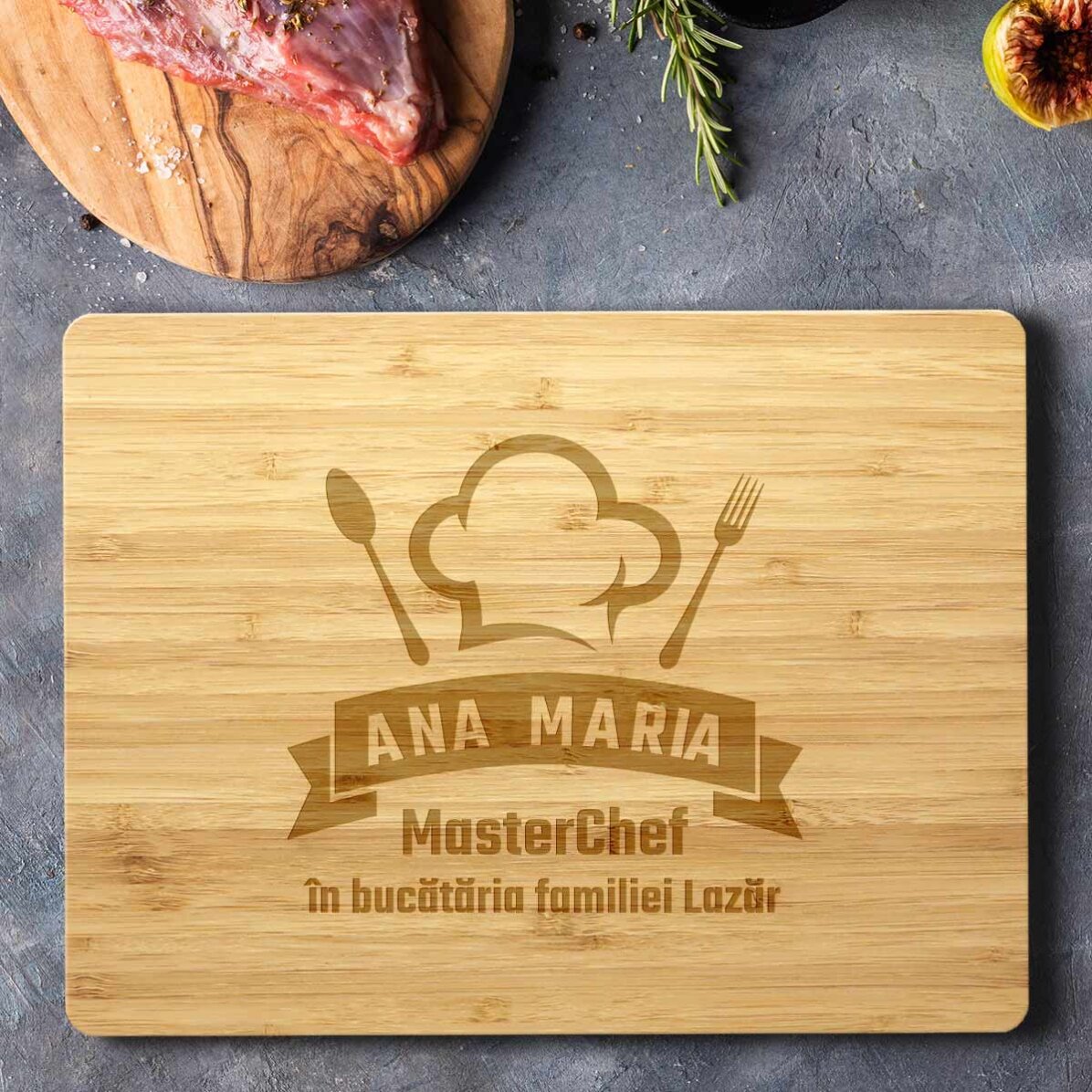 Tocător dreptunghiular din bambus personalizat cu text - MasterChef