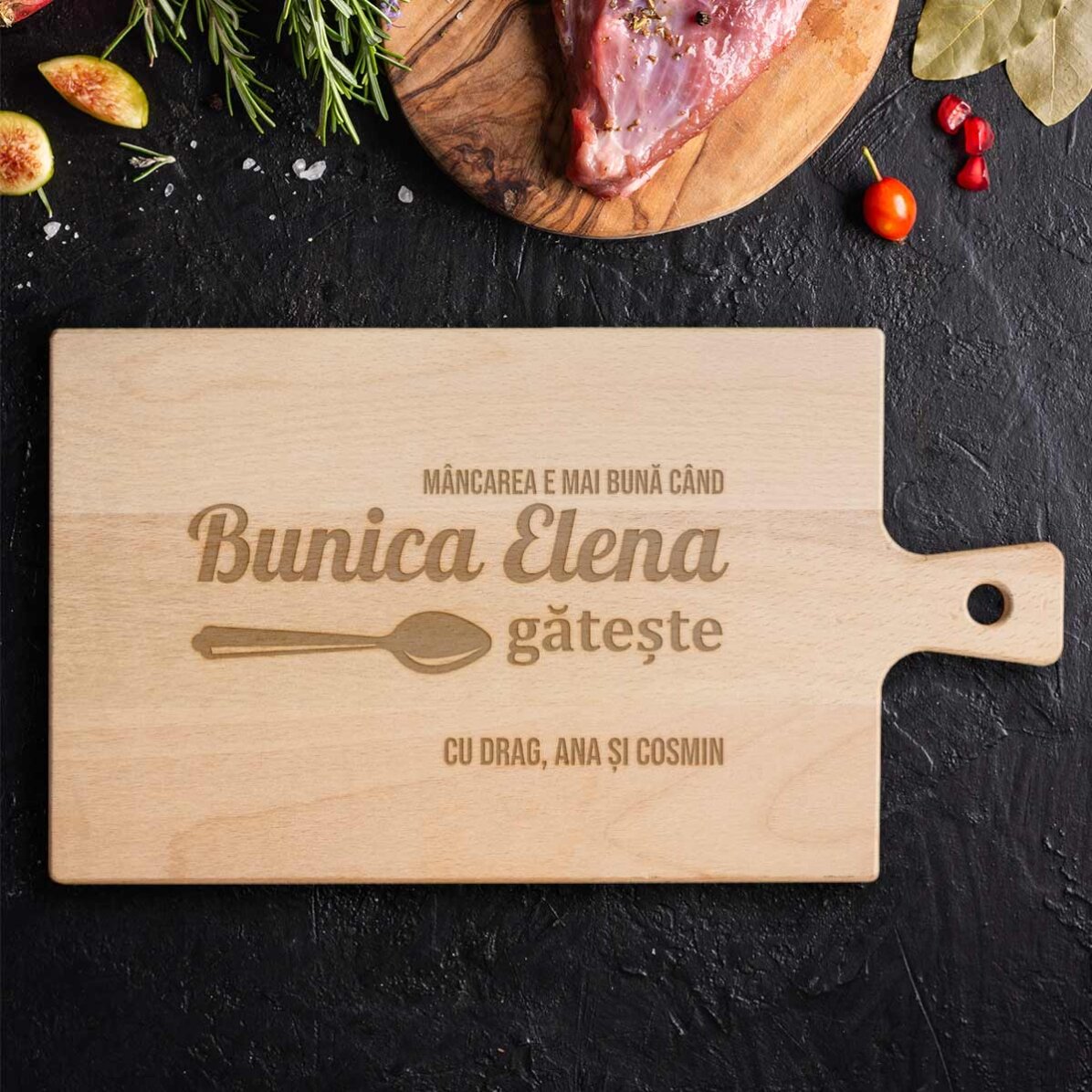 Tocător premium personalizat cu mâner - Bunica gătește