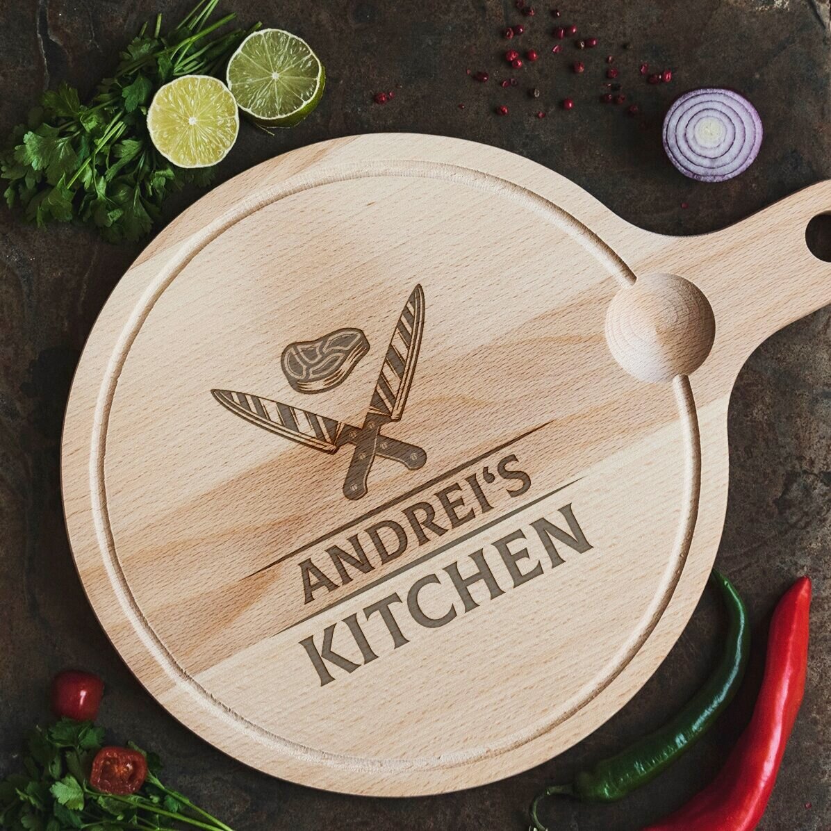 Tocător rotund cu mâner personalizat - Cuțite