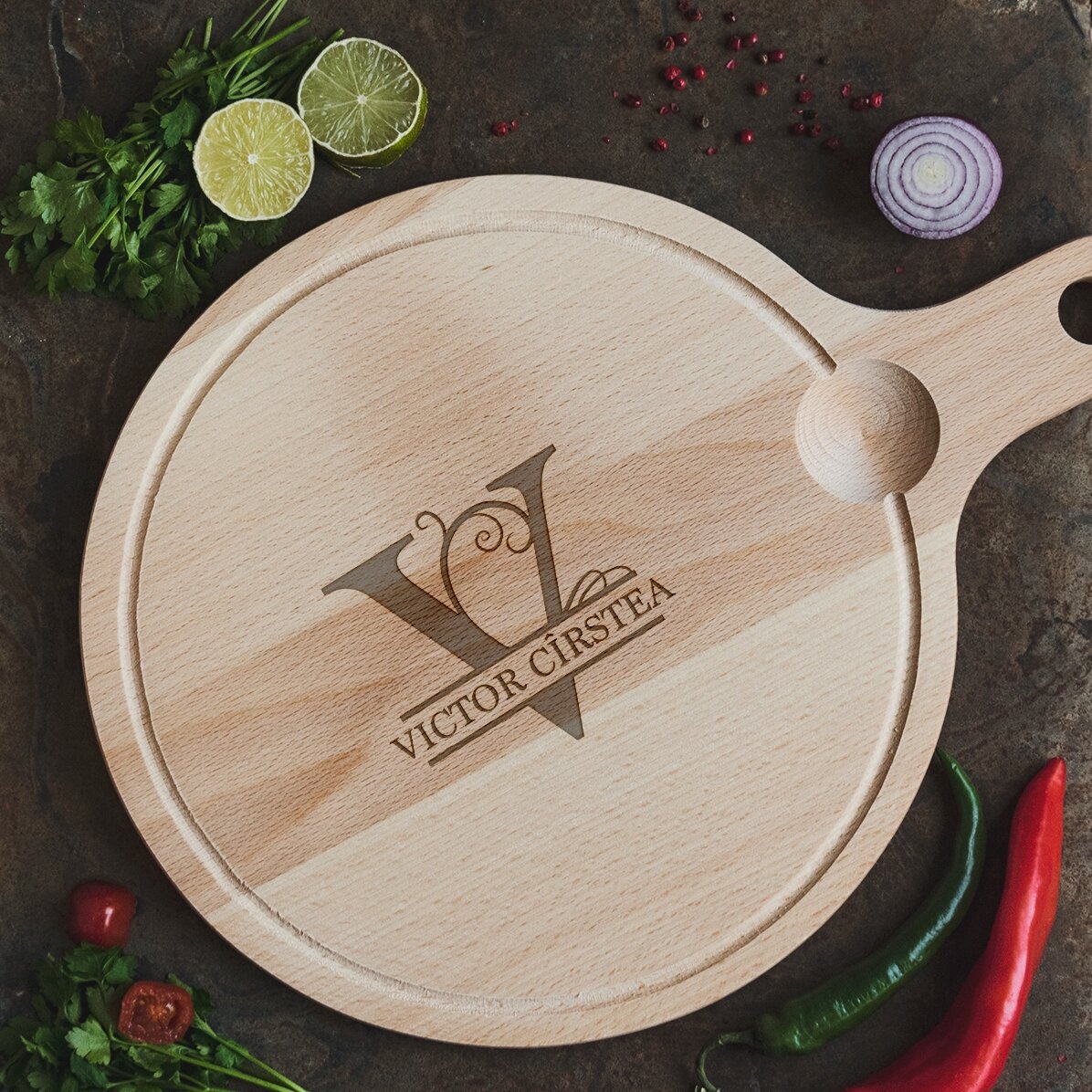 Tocător rotund cu mâner personalizat - Monogramă