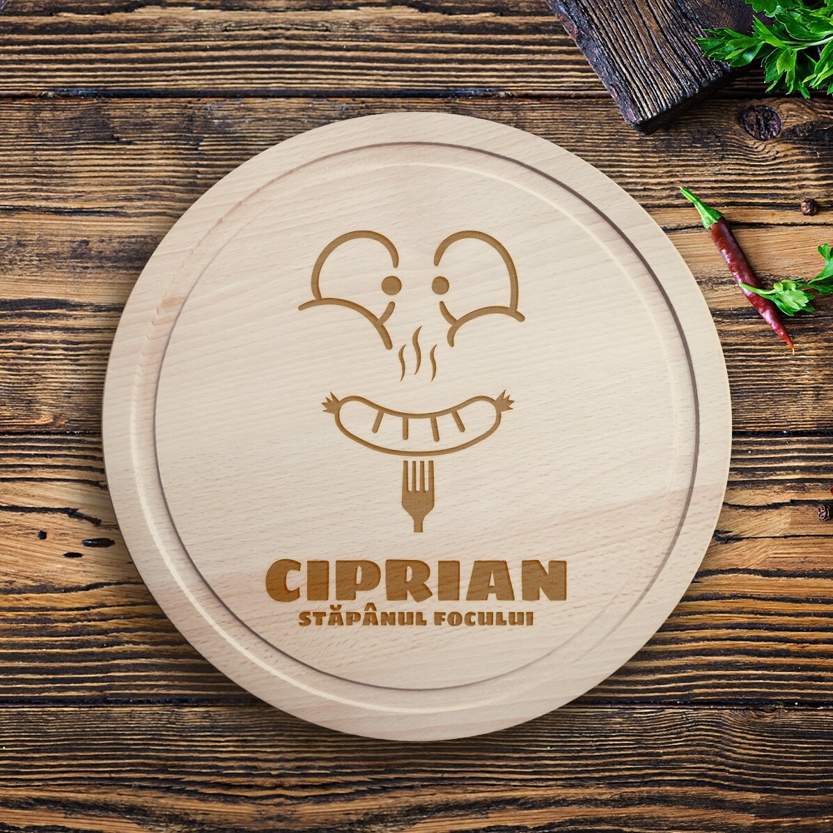 Tocător rotund personalizat cu text - Happy sausage