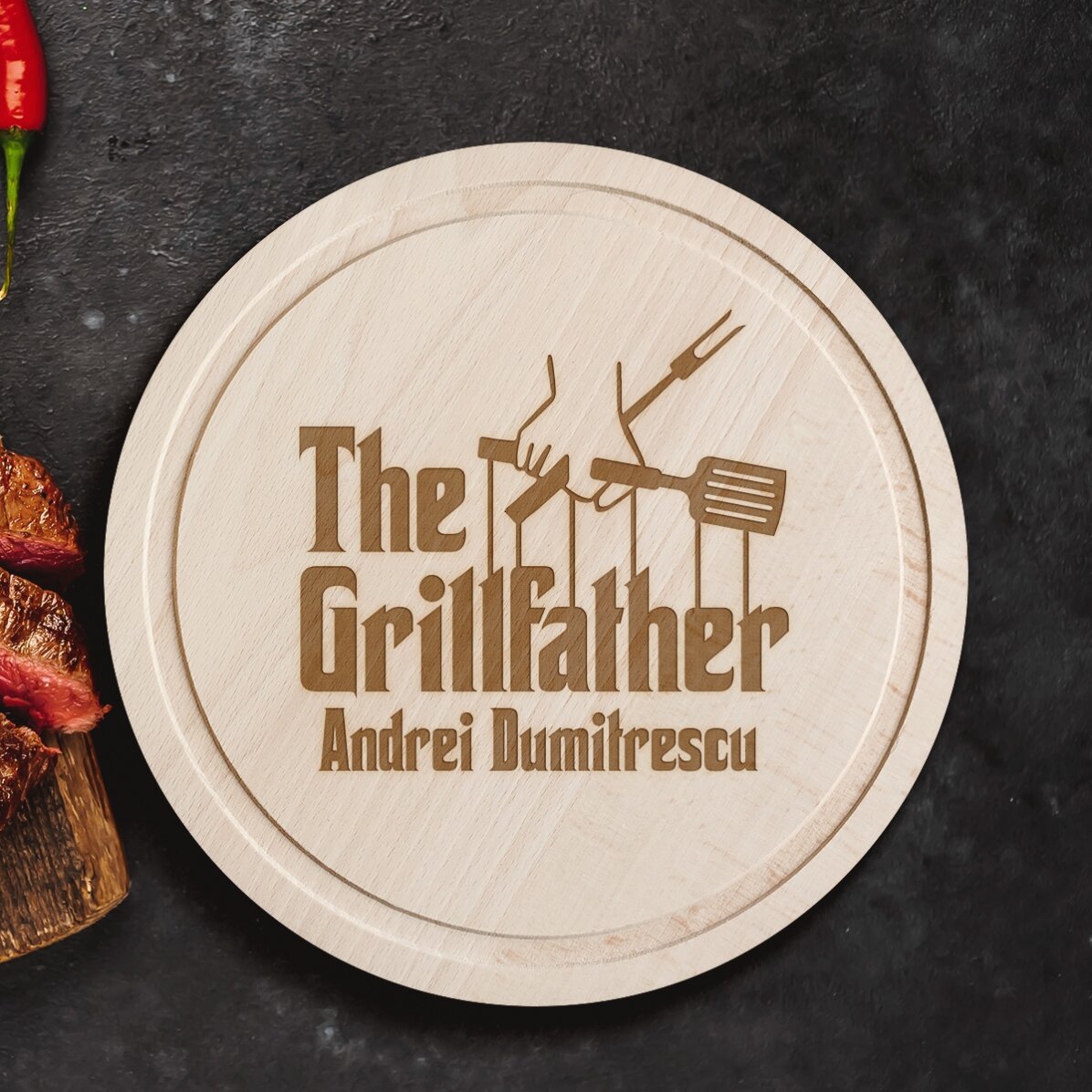 Tocător rotund personalizat cu text - The Grillfather