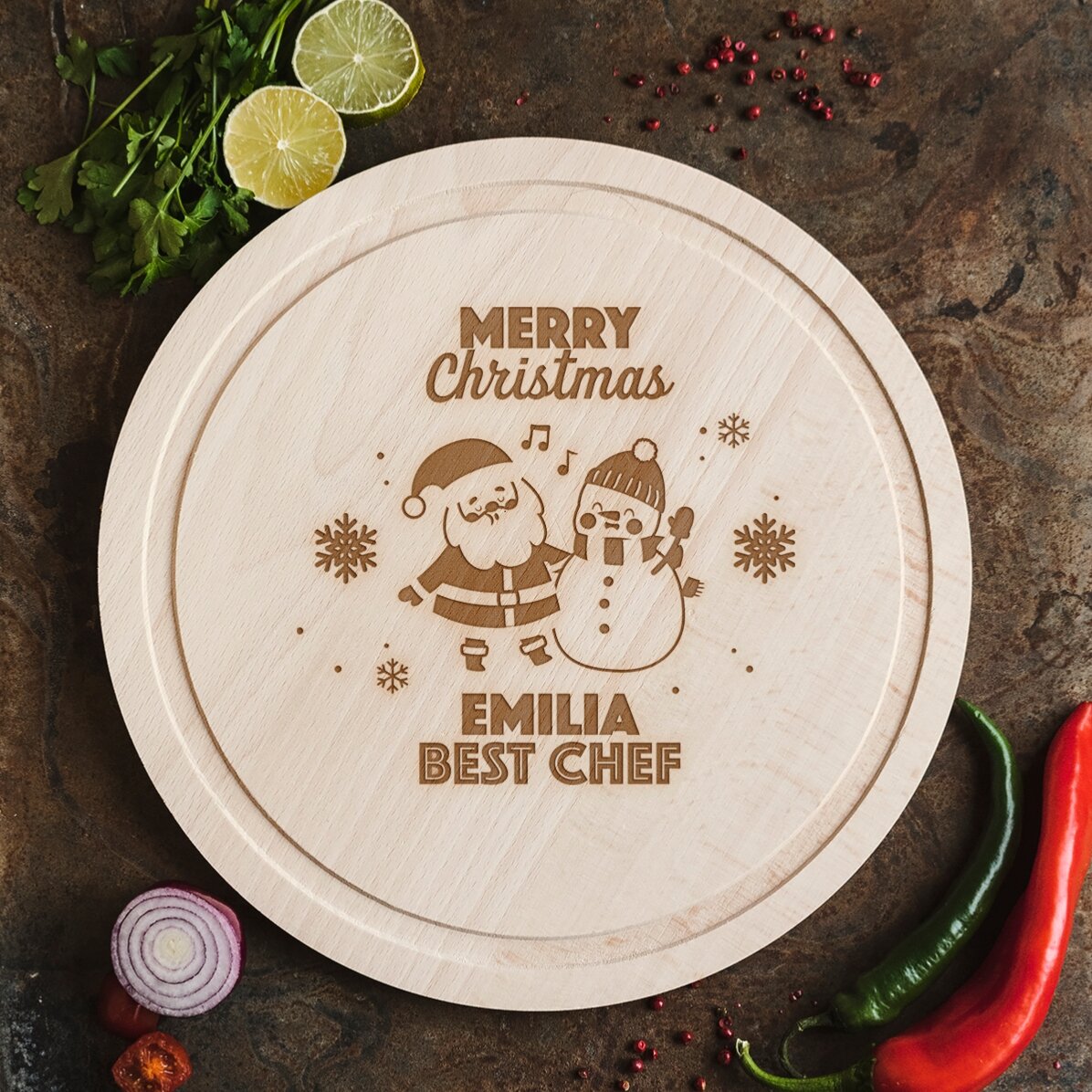 Tocător rotund personalizat - Santa & The Snowman