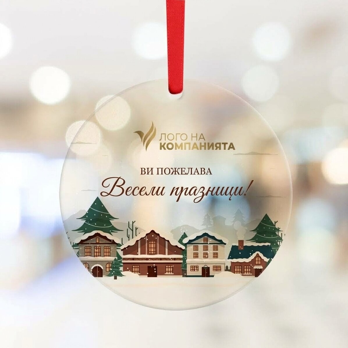 Персонализирана кръгла украса с лого и послание - Весела Коледа!
