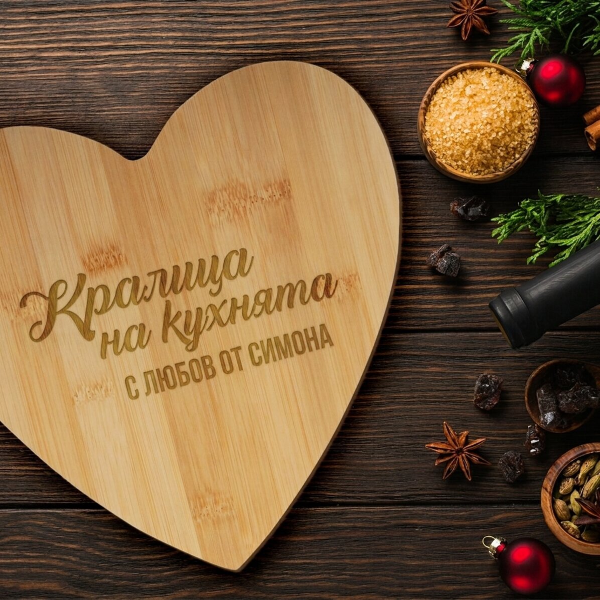 Персонализирана дъска за рязане във формата на сърце с текст - Кралицата на кухнята