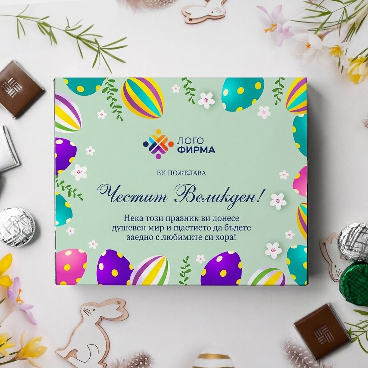 Персонализирана кутия с бонбони с лого и послание - Весела Великден!