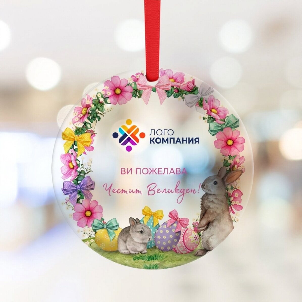 Персонализирана кръгла украса с лого и текст - Весела Великден!