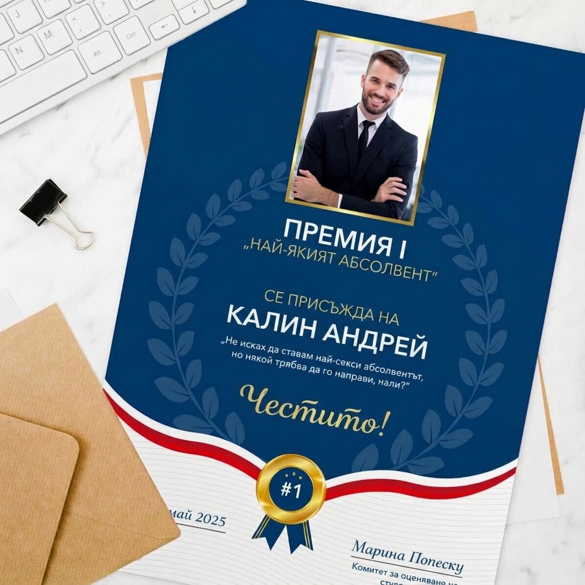 Персонализирана диплома с фотография и текст - Най-добър възпитаник