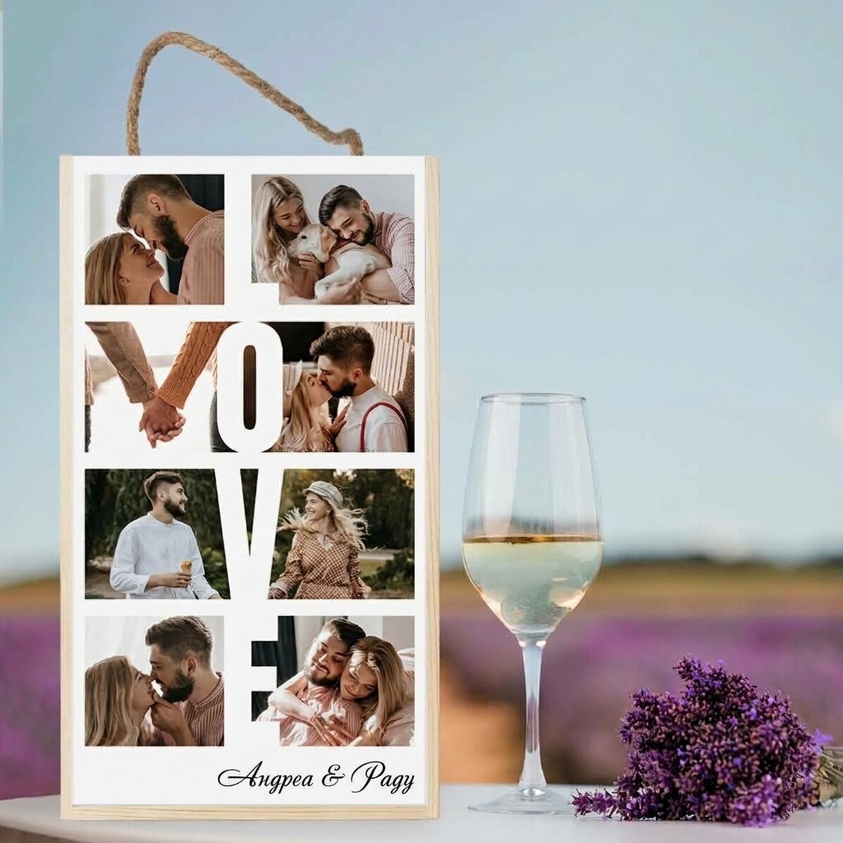 Кутия за вино за 2 бутилки, персонализирана с 8 снимки и послание - LOVE